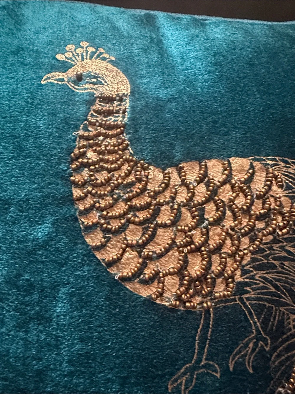 Pier 1 Teal Velvet Pillow with Gold Embroidered Peacock